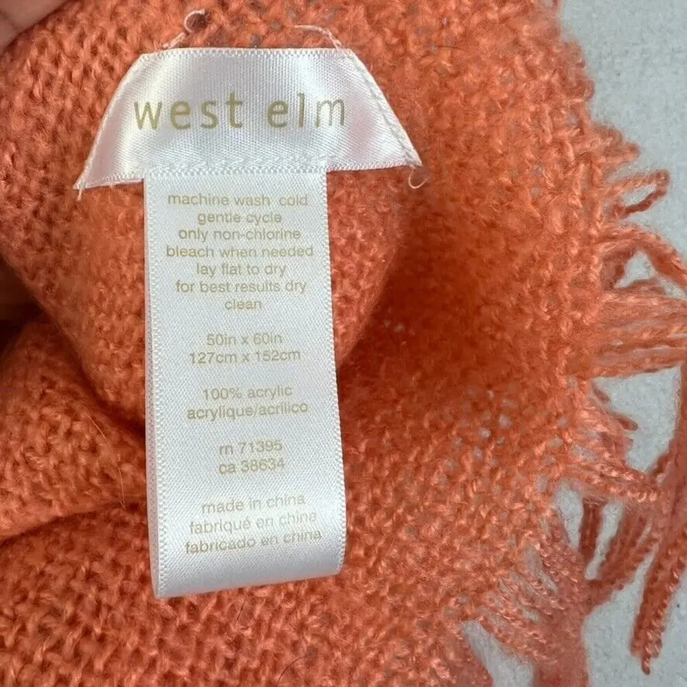 West Elm Throw Blanket Fringe Edge 50in x 60in Peach Color